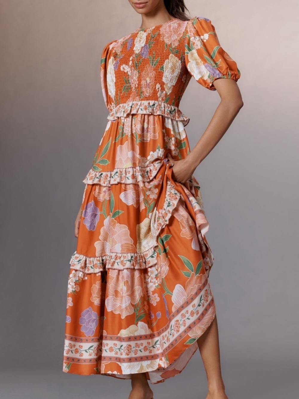 Farm Rio short sleeve tiered a-line maxi orange floral smocked bodice